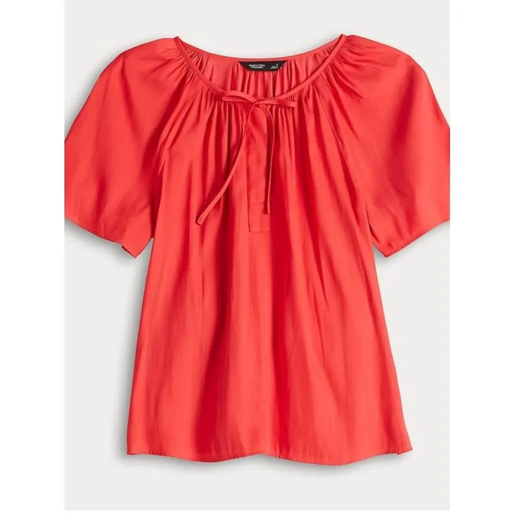 Simply Vera Vera Wang Shirred Tie Neck Short Sleeve Blouse Medium NWT